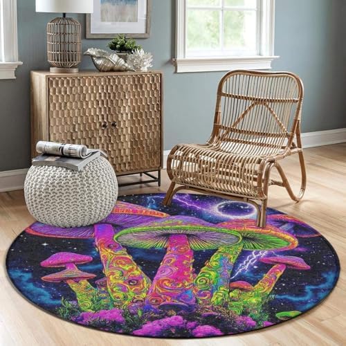 Machine Washable Modern Round Area Rug, Room Sofa Yoga Soft Round Carpet, Home Decor Non Slip Kitchen Office Circle Rug Magic Mushrooms Trippy Galaxy Space Art, 36inch