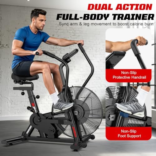 pooboo Air-Resistance Exercise Fan Bike, Air Bike with Dual Acction Handlebars&Dual-Layer Transmission System, Stationary Bike with APP Connection for Home Gym HIIT Cardio Full Body Workout