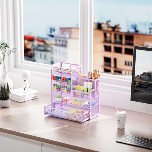 Marbrasse Mesh Pen Holder for Desk, Multi-Functional Pencil Organizer with Drawer, Desk Organizers and Accessories for Office Art Supplies (Purple)