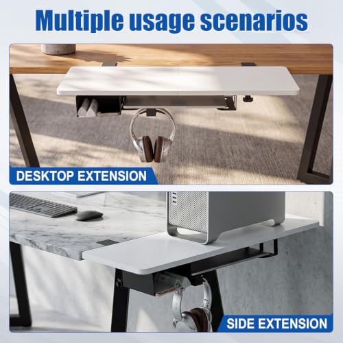 Novabright 30" X 12" Desk Extender Tray with Side Storage Rack Heavy Duty Desk Extender Under Desks Laptop Mount Keyboard Extenders for Desks with a Concealed Storage Area for Cable & Earphone (White)