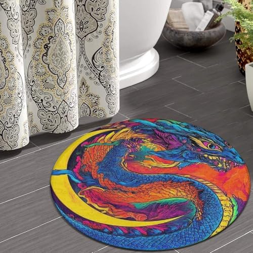 Home Decor Non Slip Kitchen Office Circle Rug, Machine Washable Modern Round Area Rug, Room Sofa Yoga Soft Round Carpet Mystery Dragon Trippy Art, 60inch
