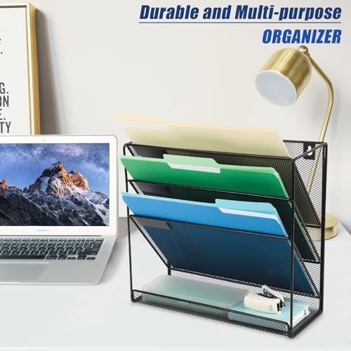 EASEPRES Desk File Organizer Mesh 4-Tier, Hanging Wall Mount Document Organization Stand, Desktop Vertical Mail Paper Folder Holder Rack with Bottom Tray for Office Home Cubicle Countertop, Black