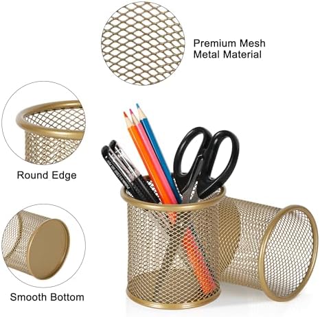 EasyPAG Pencil Holder for Desk, 2 Pack Metal Pen Organizer, Mesh Pencil Cup Organizer for Home, Office, Classroom, School,Gold