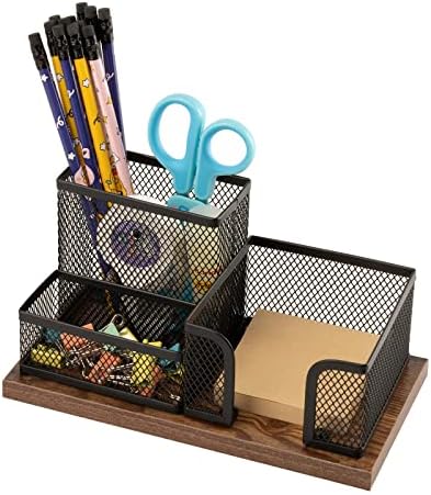 Antique Wood & Mesh Pen Holder Office Supplies Caddy, Storage Baskets for Desktop Accessorieswith Sticky Notes Holder,3 Compartments(2 Pack Black)
