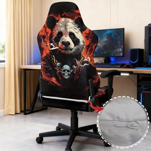 Panda Print Gaming Chair Cover with Armrest Cover, Scratch Proof Cat Proof Removable Slipcover Skull Universal Stretchable Swivel Desk Chair Protector Washable,4-Piece