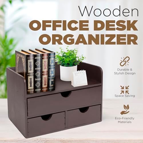 Besti Wooden Office Desk Organizer - Organizing Tool for Desktop, Cubicle, Bedroom, Kitchen - Vintage Style Organization Caddy with Top Tray Shelf & 3 Drawers - 13.6x9x7 Inches (Dark Brown)