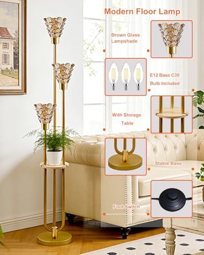Lightdot Amber Glass Floor Lamp with Shelf Mid Century Modern Floor Lamps