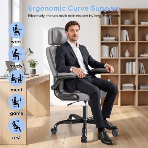 Kensaker Ergonomic Executive Office Chair with Adjustable Headrest & 90° Flip-Up Arms, High Back PU Leather Computer Desk Chair with 135° Rocking & Double Padding for Home Office Comfort, Gray