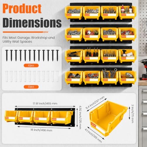 16pc Wall-Mounted Storage Organizer Set with Metal Rails Yellow