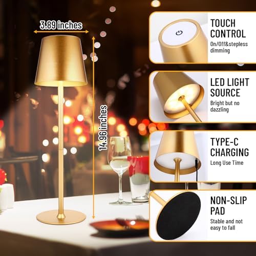 Retisee 2 Pack Cordless Table Lamp Portable Rechargeable Lamp, Gold