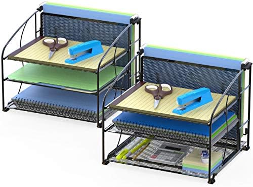 Simple Houseware 3-Tier Desk Organizer with Sliding Drawer, Black, 2-Pack