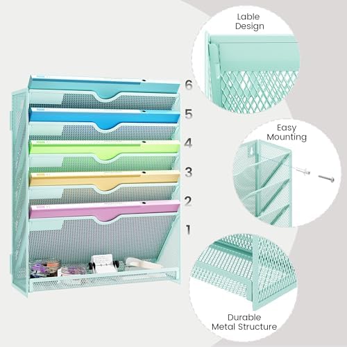 Hanging Wall File Organizer, 6-Tier Desk Organizer with Metal Mesh