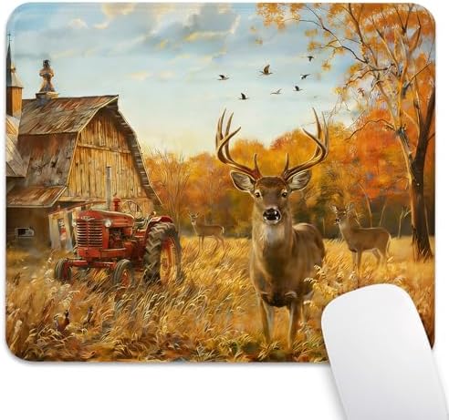 Deer Hunting Season Autumn Mouse Pad, Rustic Farm with Red Tractor Desk Mat