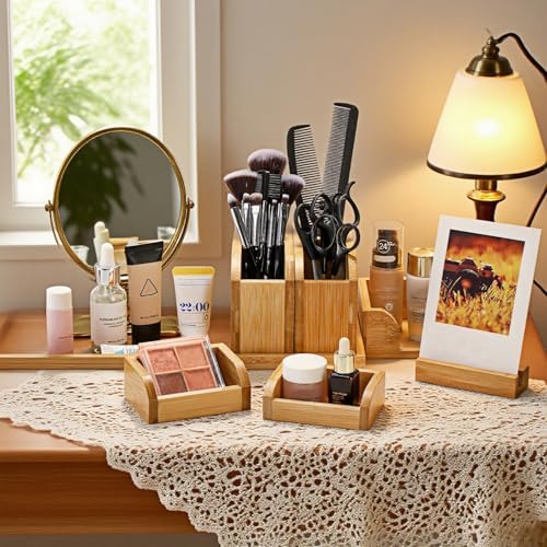 Cididu Bamboo Vanity Tray, 7 Pieces Adjustable Pen Holder Stationery Caddy