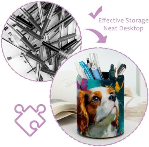 Leather Pen Holder for Desk, Beagle Butterfly Pencil Cup Pen Organizer Makeup Brush Holder for Office Home Kids Countertop Desk Accessory Storage