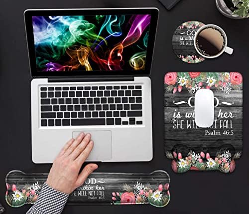 Wrist Rest Support Ergonomic Gel Mouse Pad & Memory Foam Keyboard Set, Non-Slip Rubber PU Base for Home Office Working Studying Easy Typing & Pain Relief - Floral Quote Bible Verses Psalm 46:5