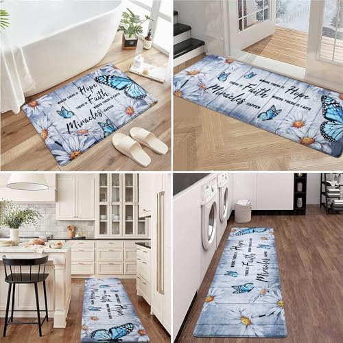 Likiyol Butterfly Floral Kitchen Mats for Floor Farmhouse Anti Fatigue Mats for Kitchen Floor, White Daisy Kitchen Rugs Non Slip Washable Floor Comfort Mats, 18'' x 30'' + 18'' x 48'' + 18'' x 60''