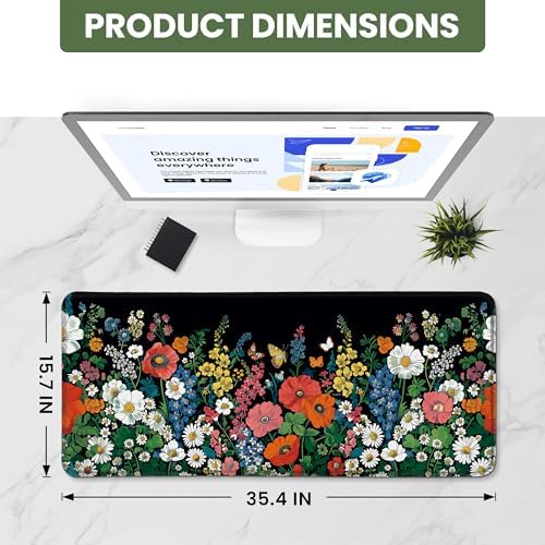 Aesthetic Desk Mat, Cute Botanical Floral Desk Pad Protector for Work & Decor, 35.4" x 15.7", Pretty Non-Slip Extended Mouse Pad for Office or Home