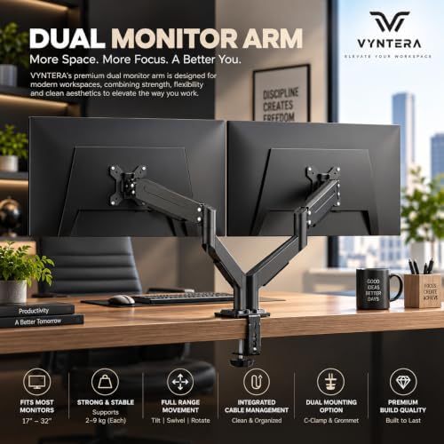 Dual Monitor Arm Stand – Adjustable Gas Spring Desk Mount for 2 Computer Screens, Full Motion Monitor Stand with Dual Clamp Base, Landscape & Portrait Rotation, Tilt & Swivel, Cable Management