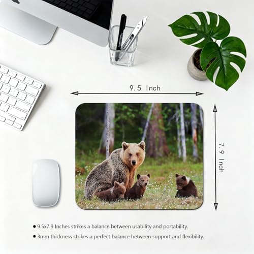 9.5x7.9 Inch Office/Gaming Mouse Pad, Adorable Brown Bear Cubs in Forest Wildlife Family in Wildflower Meadow, Cute Anti-Slip Mat for Desk Decor