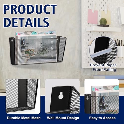 Single Pocket Wall File Holder Legal Size Metal Mesh Hanging File Folder Paper Organizer Black Wall Mounted Mail Organizer Magazine Rack for Office Home School 15.7" L x6.9 Wx3.4 H