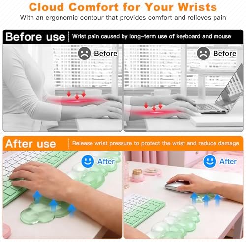 Cloud Keyboard and Mouse Wrist Rest Set, Clear Gel Keyboard Mouse Wrist Rest Support Pad for Typing Pain Relief, Cute Aesthetic Desk Decor Accessory for Home Office Dorm (Green)