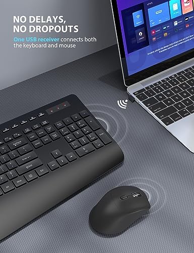 Wireless Keyboard and Mouse Combo - Full-Sized, Ergonomic Wrist Rest