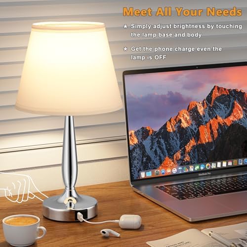 Kakanuo Touch Table Lamp for Bedroom, Small Bedside Lamp with USB C Charging Port, 3 Way Dimmable Touch Control Nightstand Lamp for Living Room and Office, White Shade and Silver Base