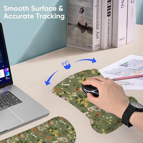 Ergonomic Memory Foam Keyboard Mouse Pad Set with Wrist Rest Support,Non-Slip Hand Wrist Cushion for Laptop/Notebook/Desktop/Computer/Gaming/Office,Easy Typing& Pain Relief (Flowers)