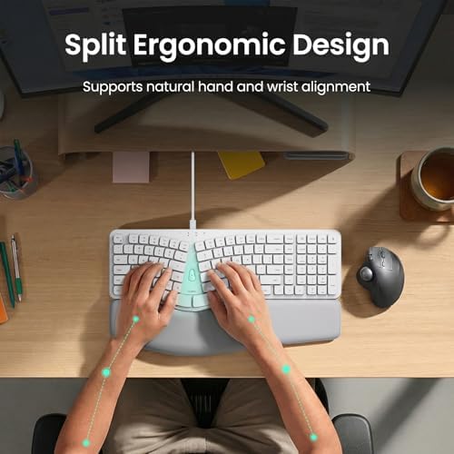 Nulea Ergonomic Split Keyboard, Wired Natural Typing Keyboard with Integrated Palm Rest for Wrist Pain Relief, 2-in-1 Type C&Type A Plug for Mac,Windows,Office & Home(White)