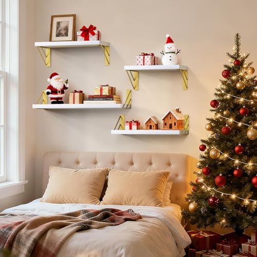 BAYKA Wall Mounted Floating Shelves (White and Gold, Set of 4, 16" Mixed)