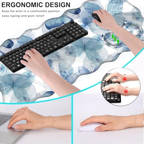 Mouse Pad with Wrist Support + Desk Mat + Coaster 3 in 1 Set, XL Large Gaming Mousepad Ergonomic Mouse Pads for Desk Computer Laptop Office,Blue Butterfly