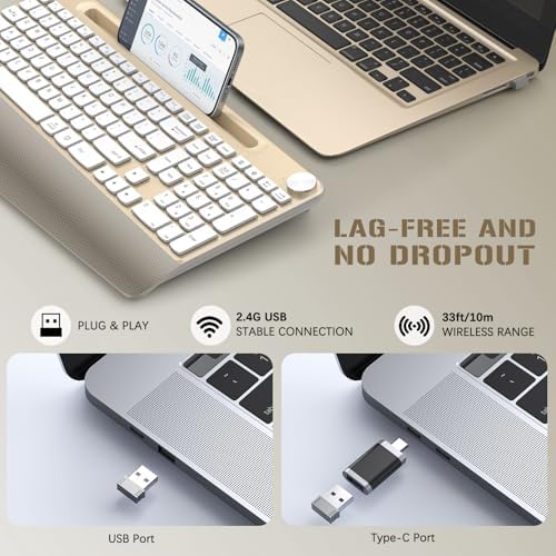 JOYACCESS Ergonomic Wireless Keyboard with Palm Rest & Tilt Angle, 2.4G Full-Size, Comfortable Typing, USB-C Adapter & Phone Holder for Mac/Windows -Gold White