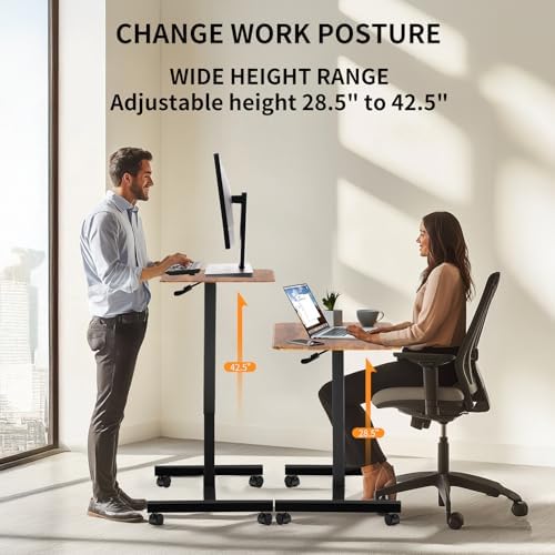 YSSOA Mobile Small Standing Desk - Rolling Desk with Adjustable Height and Lockable Wheels, Sit-Stand Laptop Table, Portable Computer Workstation, Brown