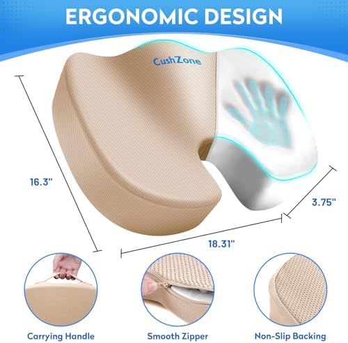 CushZone XL Memory Foam Seat Cushion for Office, Car & Wheelchair, Khaki