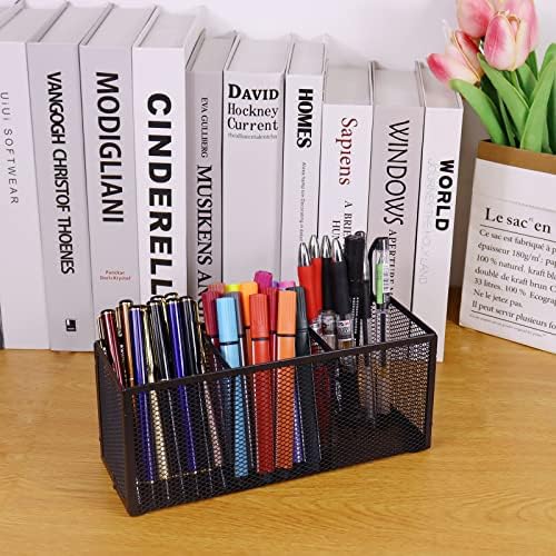 2PCS Black Mesh Pen Pencil Holder, Small Metal Desk Organizer Desktop Stationery Office Supplies Acessories Storage Stand, 3 Compartments Brushes Holder for Home School Classroom Teachers