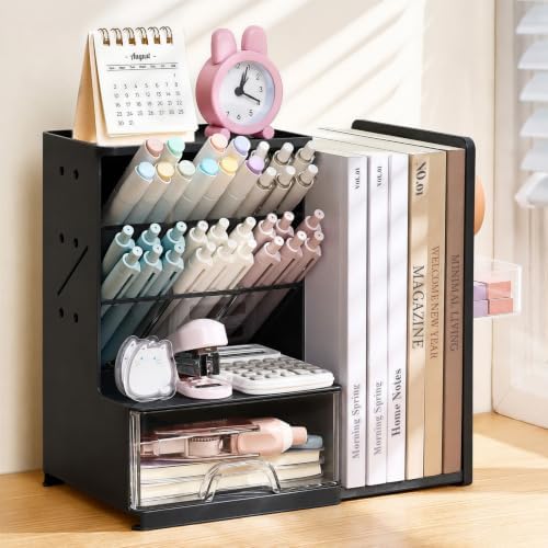 Sooez Desk Organizer with Bookends, Pegboard & Drawer, Pen & Pencil Holder