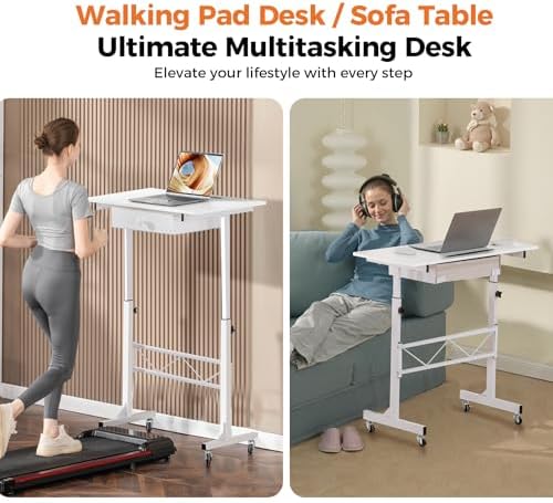 GTPLAYER Small Mobile Standing Desk, 32In Wide Adjustable Height Stand Up Desk for Home Office, Portable Sit Stand Rolling Computer Desk with Wheels Storage Drawer and Slot, Carbon Fiber Style White