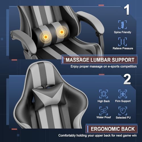 Huracan Gaming Chair with Footrest, Adjustable Ergonomic Computer Office Chair with Lumba Pillow, Video Game Computer Chairs for Adults, Racing Style Reclining Backrest Office Desk Chairs, Grey