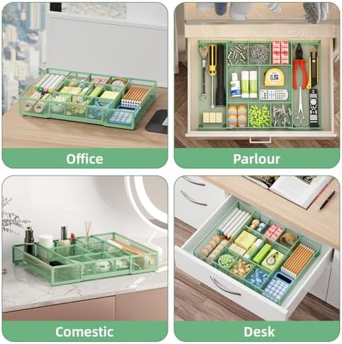 Marbrasse Expandable Desk Drawer Organizer, Mesh Drawer Organizer Tray with 10 Adjustable Compartments, Desk Organizers and Accessories for Office Supplies, Makeup & Vanity (Expandable-Green)