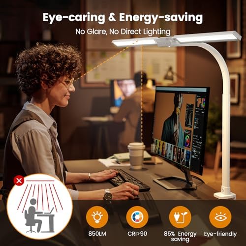 SIBRILLE Upgraded LED Desk Lamp for Home Office with RGB, Rotatable Computer Desk Light with Remote, Tall Table Lamp with Clamp for Working, Dimmable Dual Head Task Lighting for Monitor PC, 22W
