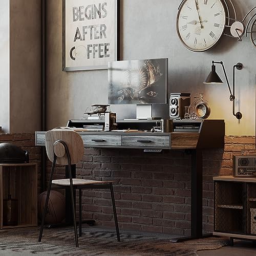 CubiCubi One-Piece Standing Desk 55x26 with 3 Wood Drawers, Antique Grey