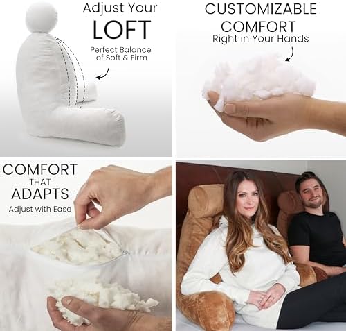 Husband Pillow Medium Reading Pillow with Arms - 23" Backrest for Sitting Up in Bed - Firm Support Bed Rest Pillow for Adults, Neck Roll, Removable Cover - TV, Reading, Lounging - Tan