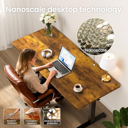 Veken 55 Inch Large Electric Standing Desk, Gaming Table, Brown | Height Adjustable Sit Stand Up Computer Tables for Home Office, Study , Writing, Suit students, employees and group work