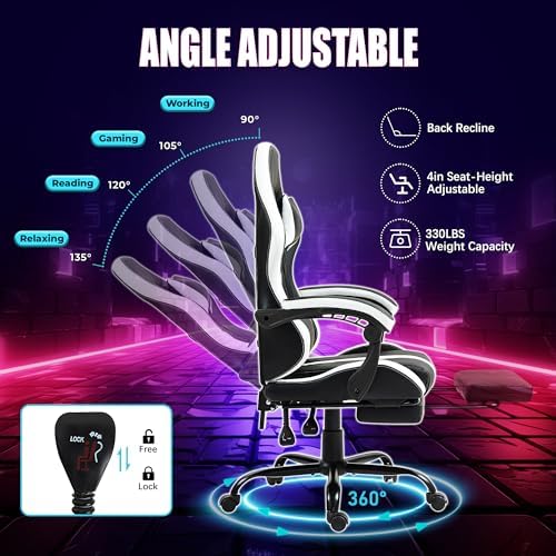 Massage Gaming Chair with Footrest & Lumbar Support, White