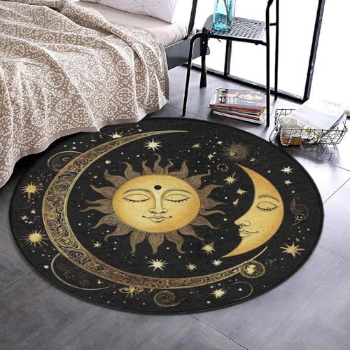Large Home Decor Mat, Soft Round Yoga Carpet, Non-Slip Machine Washable Home Office Circle Rug Compatible with Boho Gold Sun Crescent Moon Star