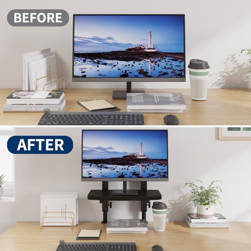 Adjustable Clamp-On Monitor Riser for Desk, Height Adjustable Monitor Stand with Space-Saving Design, Black MDF Shelf for Home Office, Workstation, and Study Setup (Black)