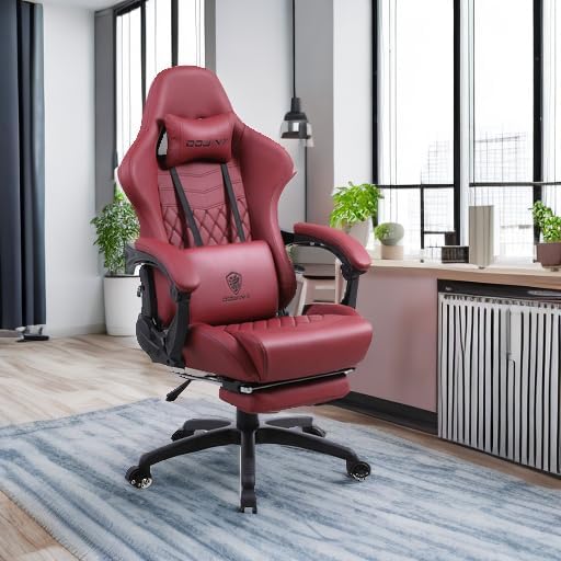 Dowinx Big & Tall Vintage Gaming Chair for Adults, 400 lb Capacity Heavy Duty Ergonomic Computer Chair with Massage Lumbar, Footrest & Easy Side Recline, Red