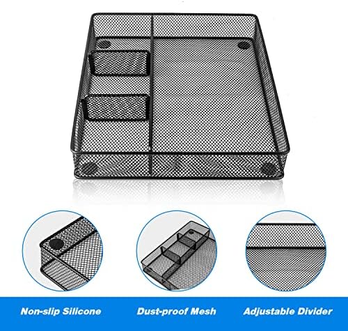 VyGrow Desk Drawer Organizer Tray, Metal Mesh Drawer Organizers Office, 4 Grid with Adjustable Compartment, Desk Organizer Tray for Home Office 12x10.6x1.9 inch Black, 2 Pack