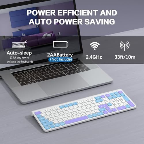 JOYACCESS Wireless Keyboard,Ergonomic Computer Keyboard,Silent Compact Cordless,Low Profile with Numeric Pad for Mac/Windows/PC/Desktop/Laptop-Purple Blue